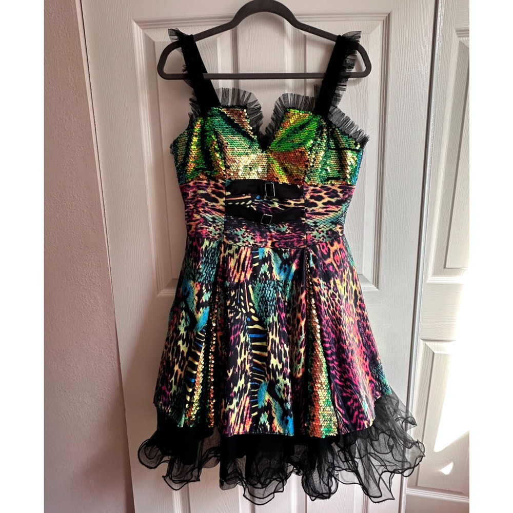 Party Animal Sequined Neon Rainbow Leopard Zebra Punk Dress Womens Medium 6 / 8